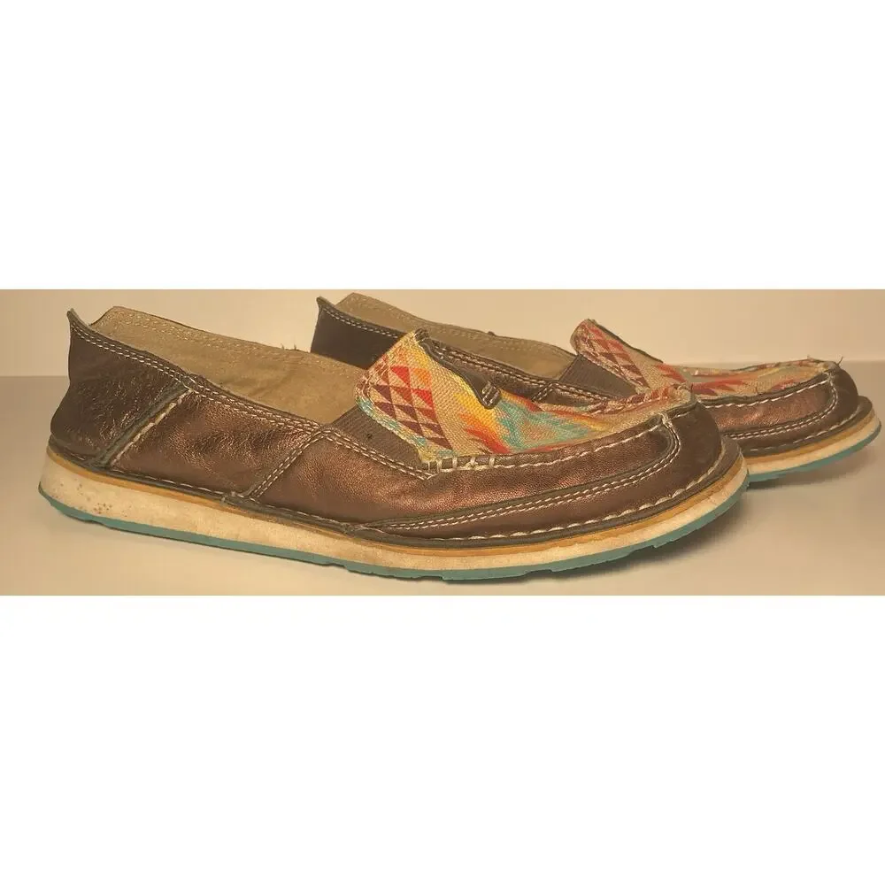 Ariat Women's Brown Leather Slip-On Flats Southwestern Geometric Round Toe